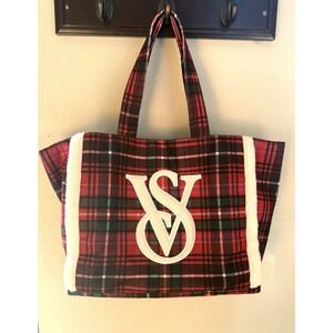 Victoria's Secret VS Faux Fur Sherpa‎ Plaid Flannel Large Tote Bag Purse Red